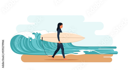 Surfer Girl Enjoying Serene Beach Scenery With Surfboard And Wetsuit During Vacation