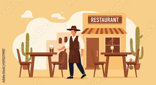 Western Style Restaurant Scene Waiter Preparing Outdoor Tables Illustration