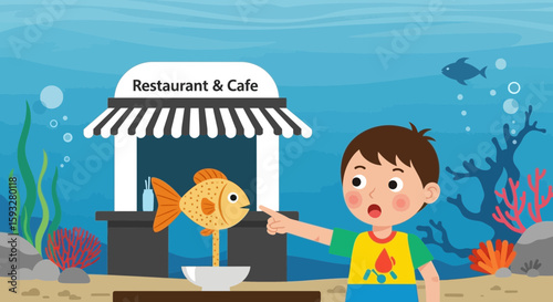 Surprised Boy Looks At Cartoon Fish In Underwater Restaurant And Cafe