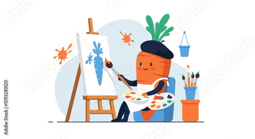 Whimsical Carrot Artist Cartoon Creating Veggie Masterpiece on Canvas