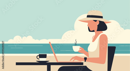 Woman Working On Laptop With Coffee By The Sea In Summer Vacation