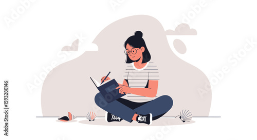 Woman Writing Journal Near Seashells On Beach Vector Graphic Illustration