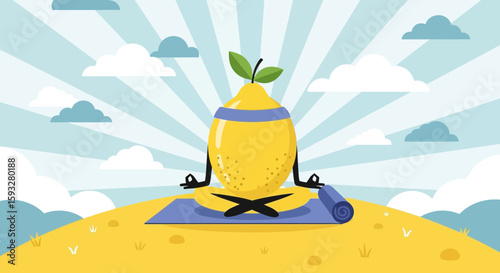 Relaxing Lemon Meditating Outdoors Under Sky With Clouds Background Illustration