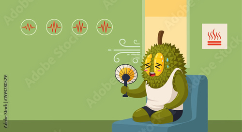 Sweating Durian Cartoon Character Holding Fan in Overheated Room Illustration