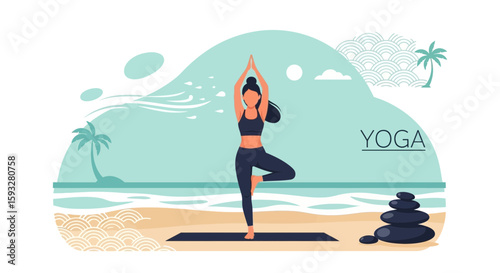 Peaceful Tree Pose Woman Practicing Yoga On Beach Destination Retreat