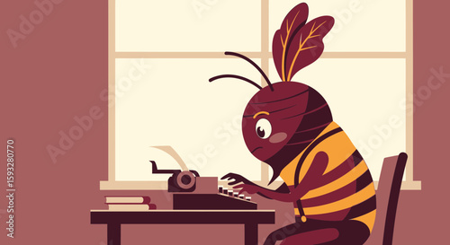 Writer Bee Working Diligently At His Typewriter For A Writing Project