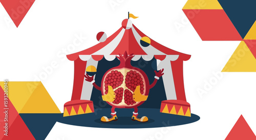 Whimsical Pomegranate Circus Act With a Colorful Big Top Illustration