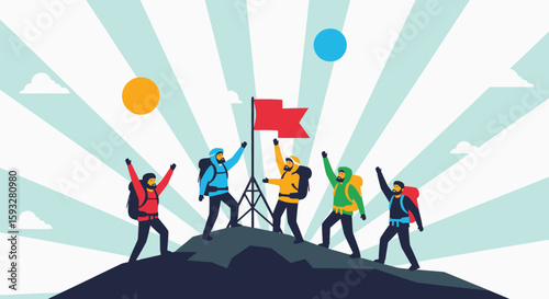 Team Of Climbers Reaching Mountain Peak With Flag Symbolizing Success And Triumph