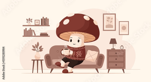 Relaxing Mushroom Character Enjoying Hot Beverage In Cozy Living Room