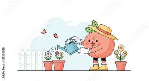 Peach Character Gardening And Watering Flowers In Pots At Sunny Garden