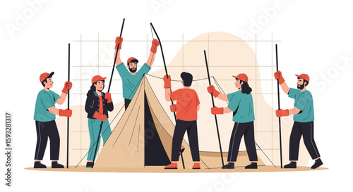 Teamwork Enhances Outdoor Experience While Building a Tent For Camping Trip