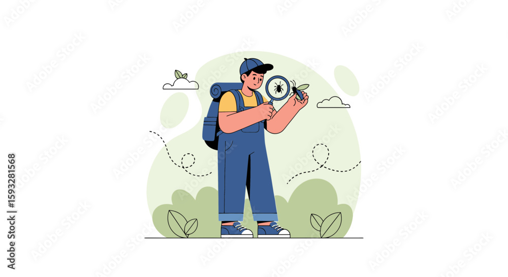 Young Biologist Inspecting Insect With Magnifying Glass Outdoors Flat Illustration Young Biologist Inspecting Insect With Magnifying Glass Outdoors Flat Illustration