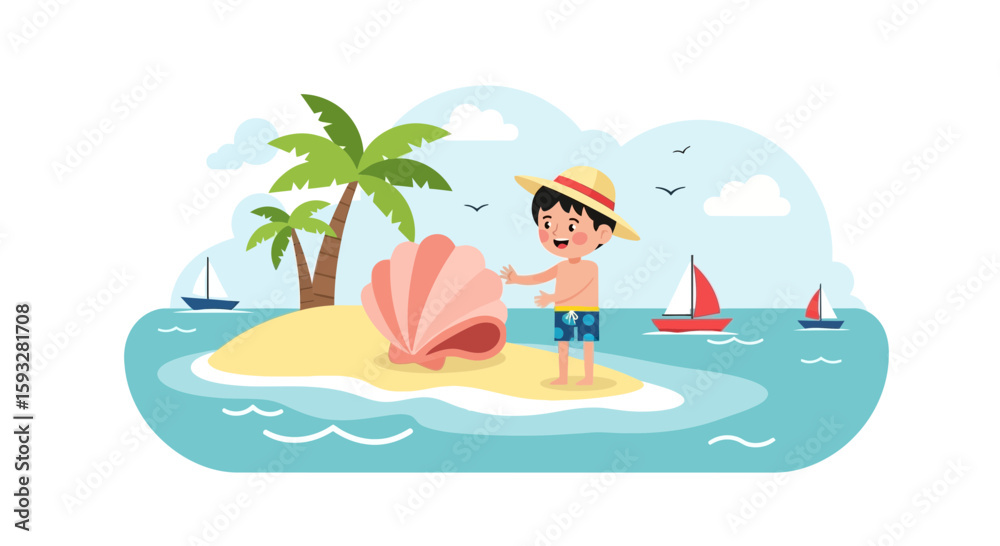Fototapeta premium Young Boy Finds a Giant Seashell on an Idyllic Tropical Island