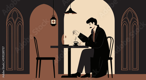Pensive Gentleman Enjoying Solitude With Coffee Inside Vintage Styled Cafe