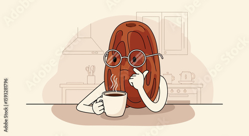 Pensive Date Cartoon Character Enjoying Morning Coffee In A Kitchen
