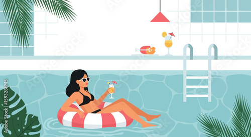 Relaxing Summer Day In The Pool With Cocktail And Holiday Atmosphere