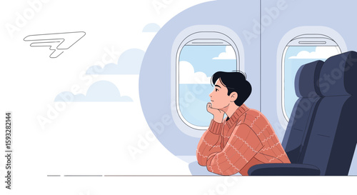 Pensive Traveler Gazing Out of an Airplane Window During a Flight