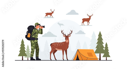 Wildlife Photographer Capturing Deer Herd In Woodland Nature Scene During Hiking Vacation