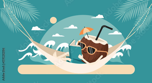 Relaxing Summer Vibes A Coconut Character Enjoying A Vacation In A Hammock