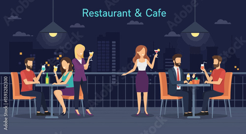 People Enjoying Nightlife At Outdoor Rooftop Restaurant And Cafe With City View
