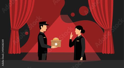 Theatre Staff Presents Golden Ticket on Stage With Red Curtains