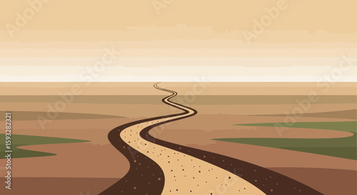 Winding Road Through The Desert Landscape Illustration In Warm Tones