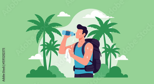 Thirsty Hiker Drinks Refreshing Water After Exercising In The Tropical Heat