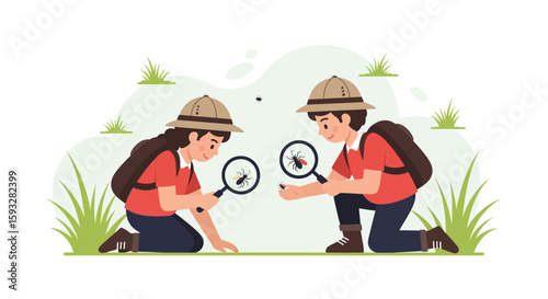 Young Explorers Discovering Nature With Magnifying Glasses Cartoon Illustration