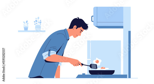 Young Man Cooking Fried Eggs In A Pan At Home For Breakfast