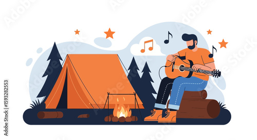 Relaxing With Guitar Music Around Camping Tent And Bonfire At Night