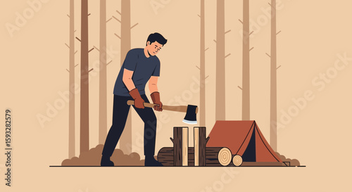 Young Man Chopping Wood For Firewood Near Tent In Forest Adventure Outdoor Scene