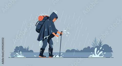 Resilient Hiker Treks Through Rainstorm With Backpack And Trekking Poles