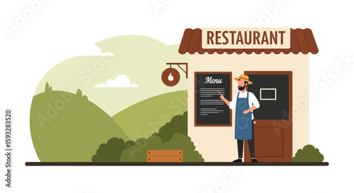 Restaurant Staff Presenting Menu Outside Building With Verdant Landscape Background