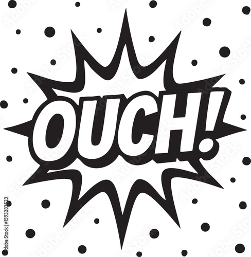 Bold comic book style 'OUCH!' word bubble graphic design illustrating sudden pain, impact, surprise, or a sharp exclamation in a dynamic monochrome illustration.