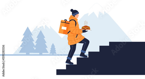 Winter Food Delivery Service Ascending Steps Against Mountain Backdrop Illustration
