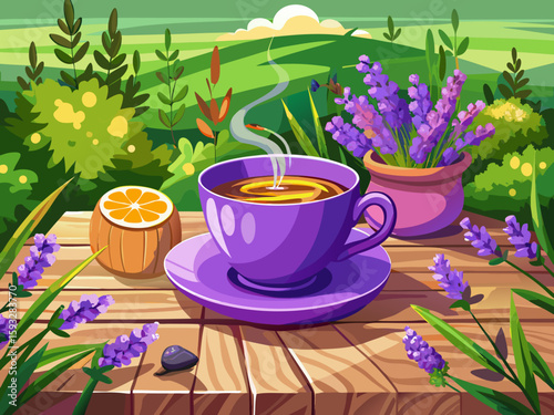 vector of Brewing herbal tea in a purple cup and saucer sits on a weathered wooden table with fresh lavender flowers creating a peaceful outdoor scene...