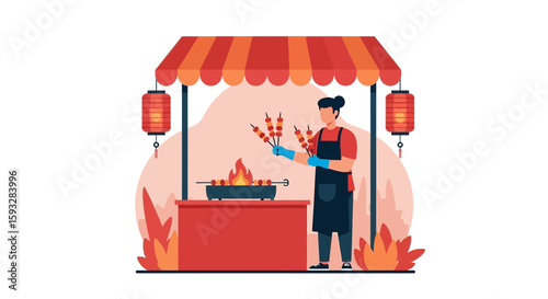 Traditional Asian Street Food Vendor Cooking Satay Illustration For Business
