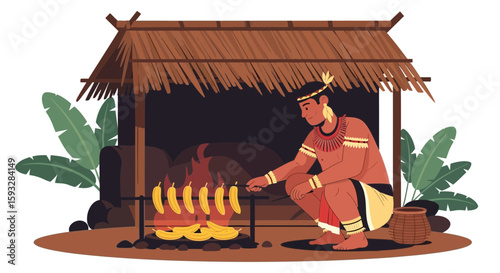 Traditional Cooking Scene with Indigenous Person Roasting Bananas On an Open Fire