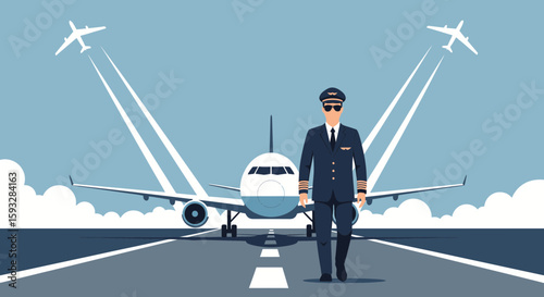 Pilot On The Runway Before Departure In Professional Uniform With Airplanes