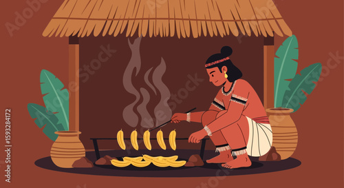 Traditional Culture Preparing Grilled Bananas Under Thatched Roof In A Natural Setting