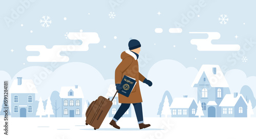 Winter Travel Journey Of A Person In A Snowy Landscape With Luggage
