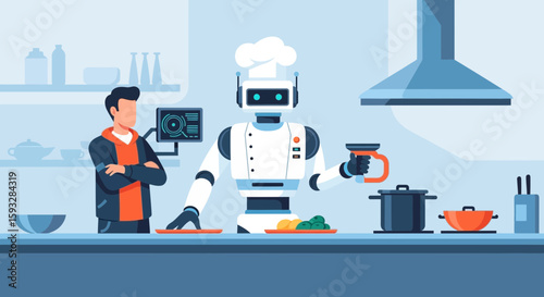 Robotic Chef Preparing Meal For Man In Modern Kitchen Futuristic Culinary Concept