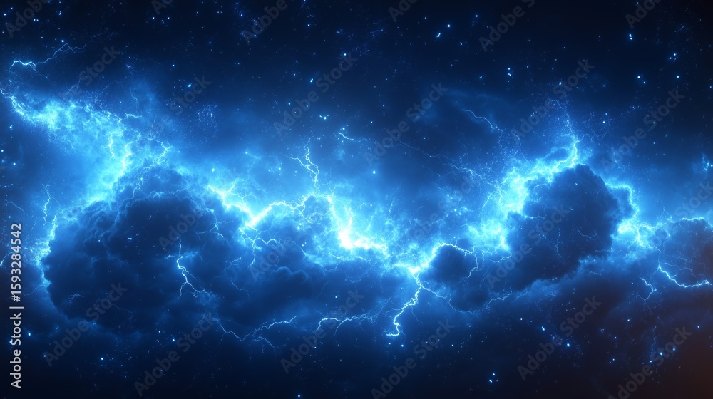 Fototapeta premium Cosmic Lightning Nebula with Starlight in Blue Starry Sky 