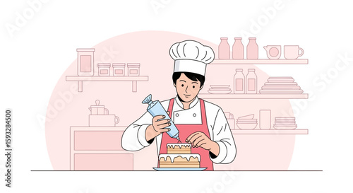 Young Professional Chef Decorating A Delicious Cake In The Kitchen