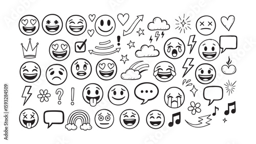 Expressive Emoji Doodle Collection A diverse set of emotive vector line drawings for digital communication, design assets, and visual storytelling
