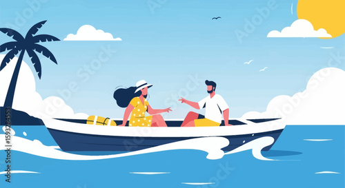 Romantic Boat Trip For Couple Enjoying Summer Vacation On Tropical Island