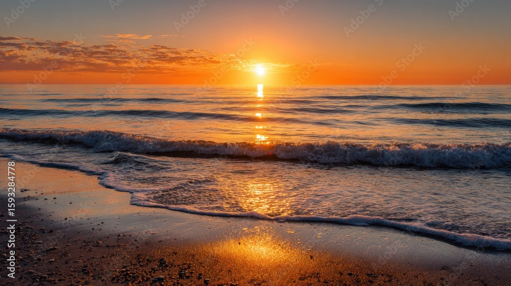 Fototapeta premium Beautiful sunrise over calm ocean with golden light reflecting on gentle waves under clear sky