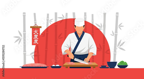 Traditional Sushi Chef Preparing Delicious Meal With Bamboo Background
