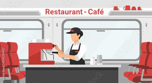 Train Journey Enjoying Coffee Prepared By Barista In Traveling Restaurant