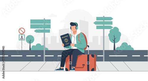 Young Traveler Planning His Journey With Passport Sitting On Suitcase